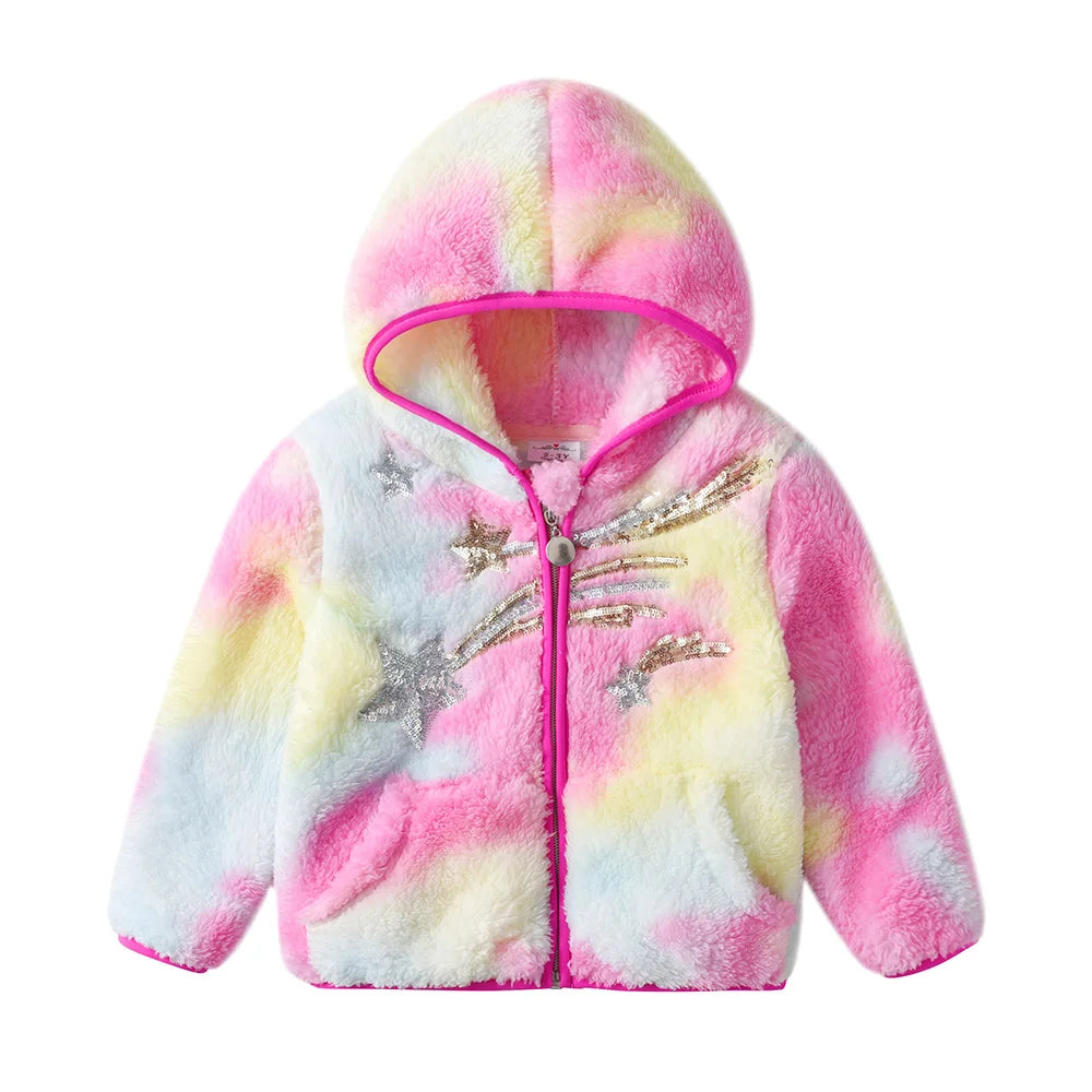 Kids Girls Star Sequined Appliqued Soft Hooded Jacket childrensterritory