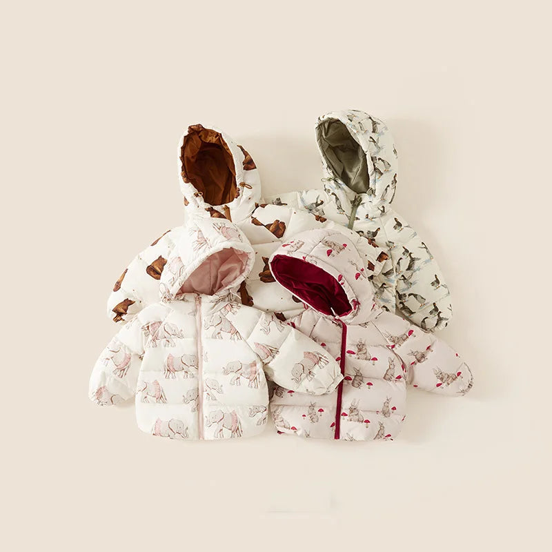 Little Girls Cartoon Print Down Hooded Jackets for Winter childrensterritory