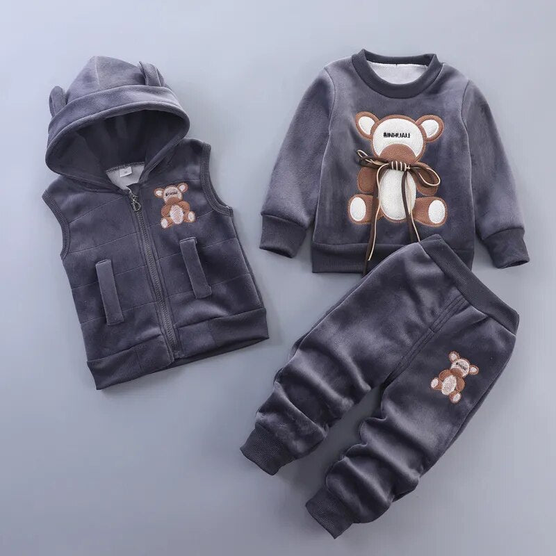 Baby Fleece Cartoon Bear Design, 3 Pieces Warm Clothing Set childrensterritory