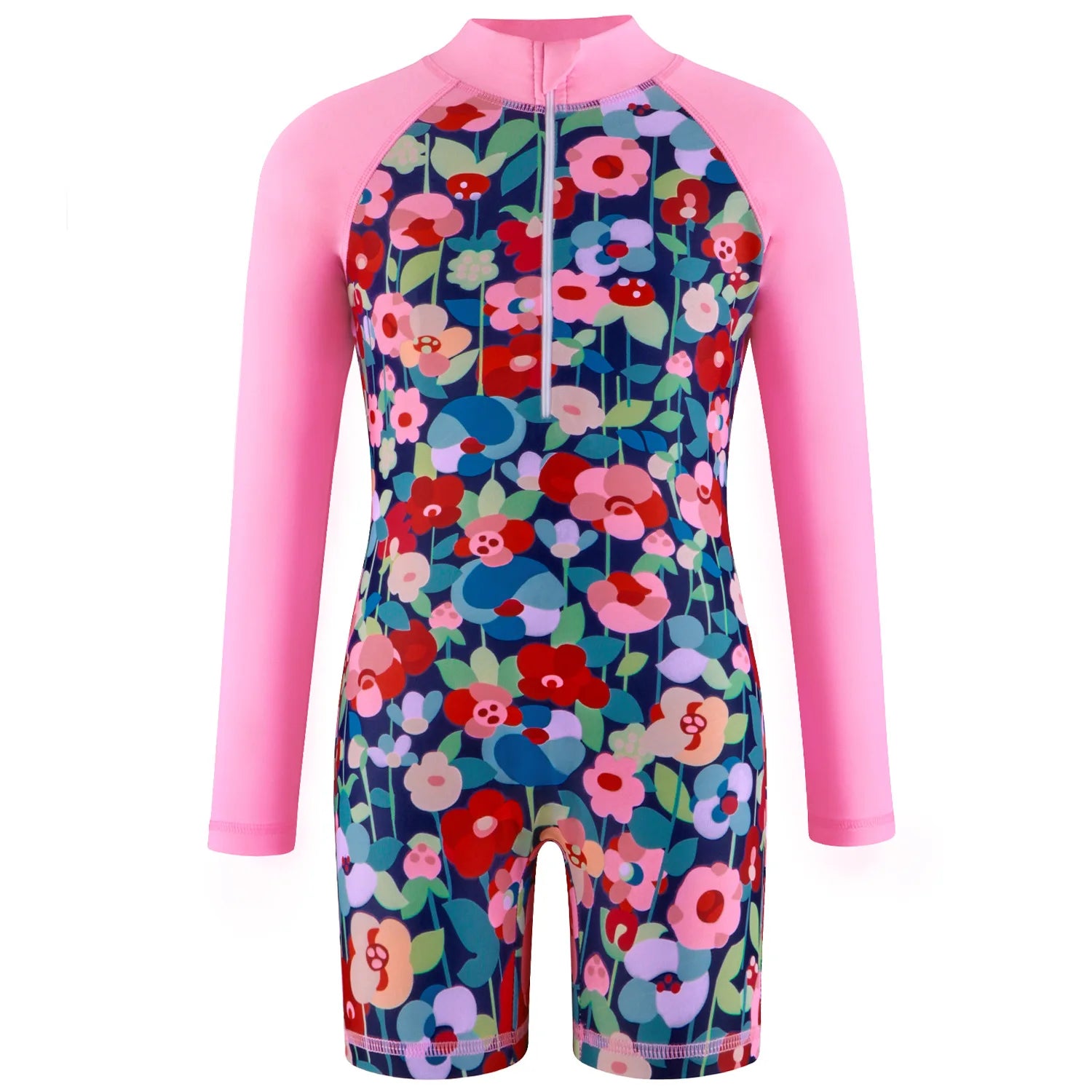 Unicorn and Floral Print Little Girls Zipper Swimsuits