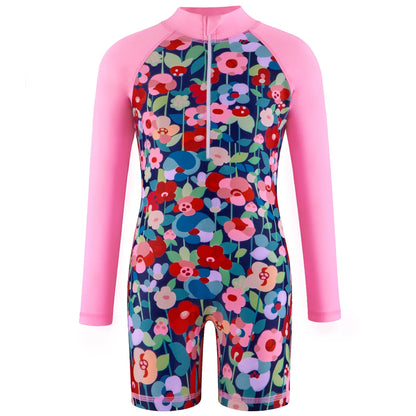 Unicorn and Floral Print Little Girls Zipper Swimsuits