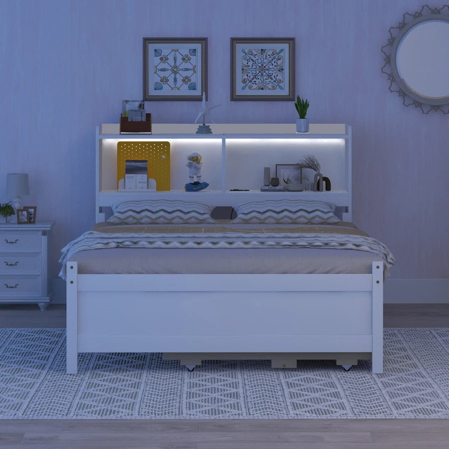 Full-size LED Bed with USB, Trundle and 3 Storage Drawers childrensterritory