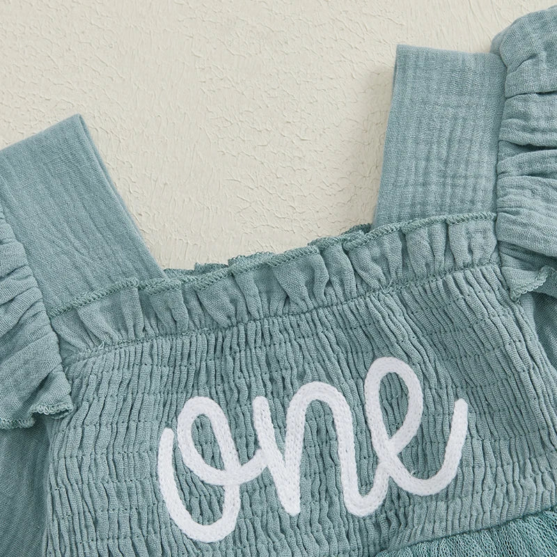 Baby Girls Letter Pattern Ruffled Mesh Romper Dresses