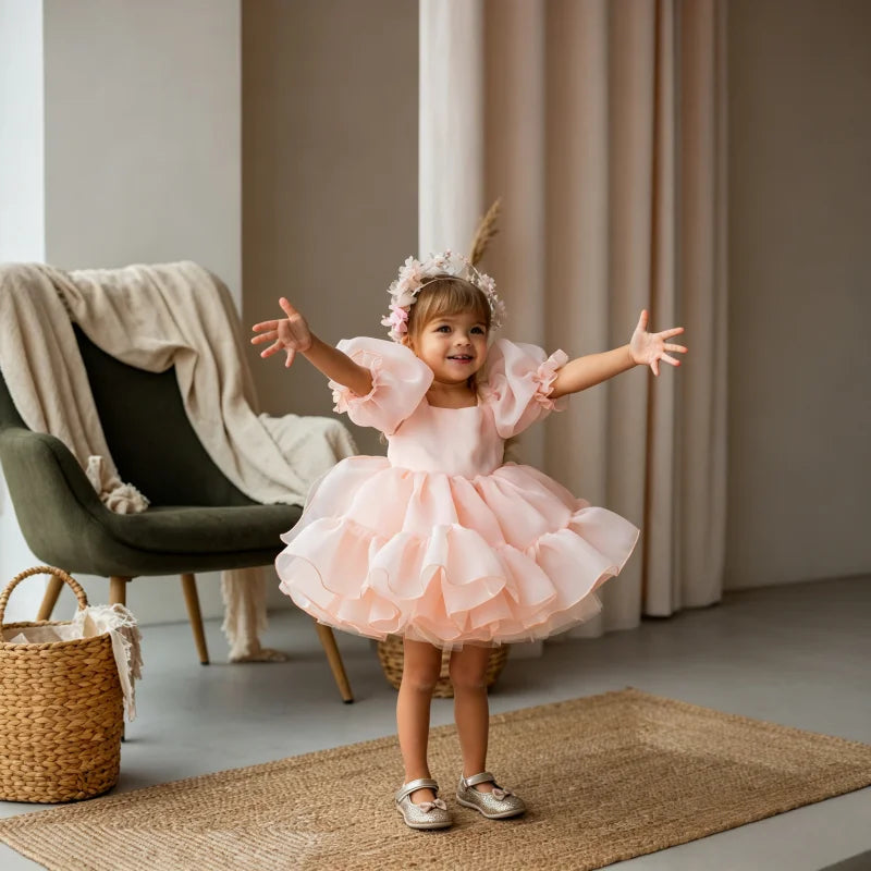 Tutu Flower Girl Dress with Big Bow for Birthday Party