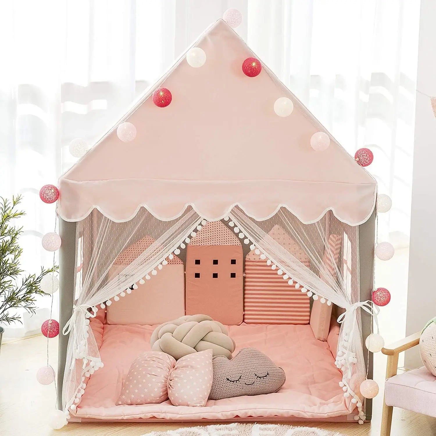 Large Playhouse Tent with Pompoms Door Curtains childrensterritory
