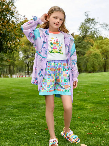 Kids Girls Hooded Trench Coat Printed With Pleated Cuffs childrensterritory