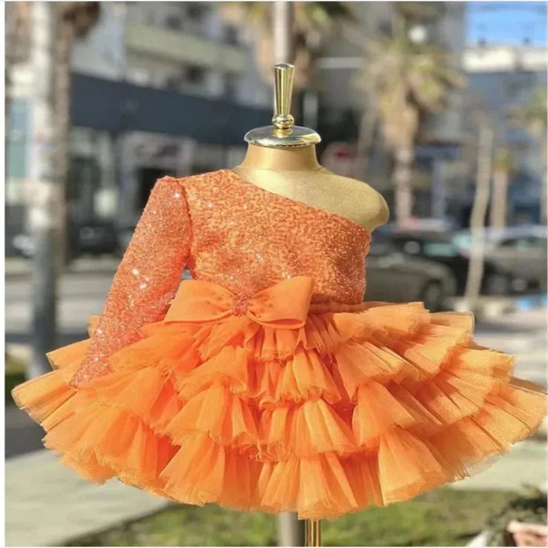 Sequined Tiered Tulle Wedding Dress with Bow for Kids Girls