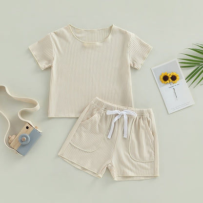 Baby Unisex Solid Crew Neck T-Shirts and Shorts Outfits childrensterritory