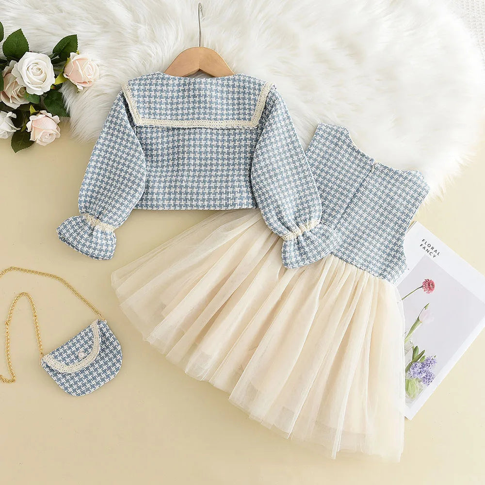 Kids Girls Retro Style Plaid Winter Party Dresses 2pcs Set
