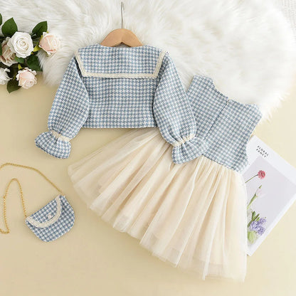 Kids Girls Retro Style Plaid Winter Party Dresses 2pcs Set