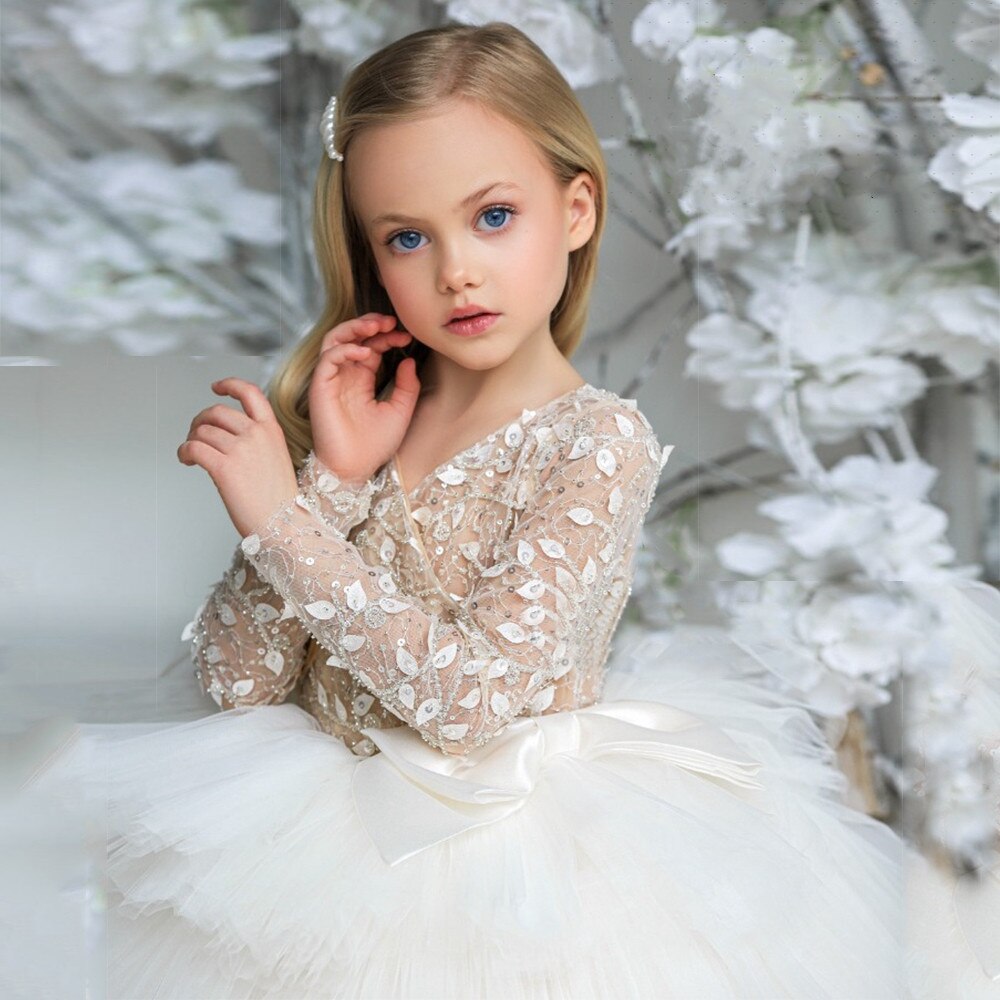 Baby/Kids Girls White V Neck Puffy Beading Tulle Dress childrensterritory