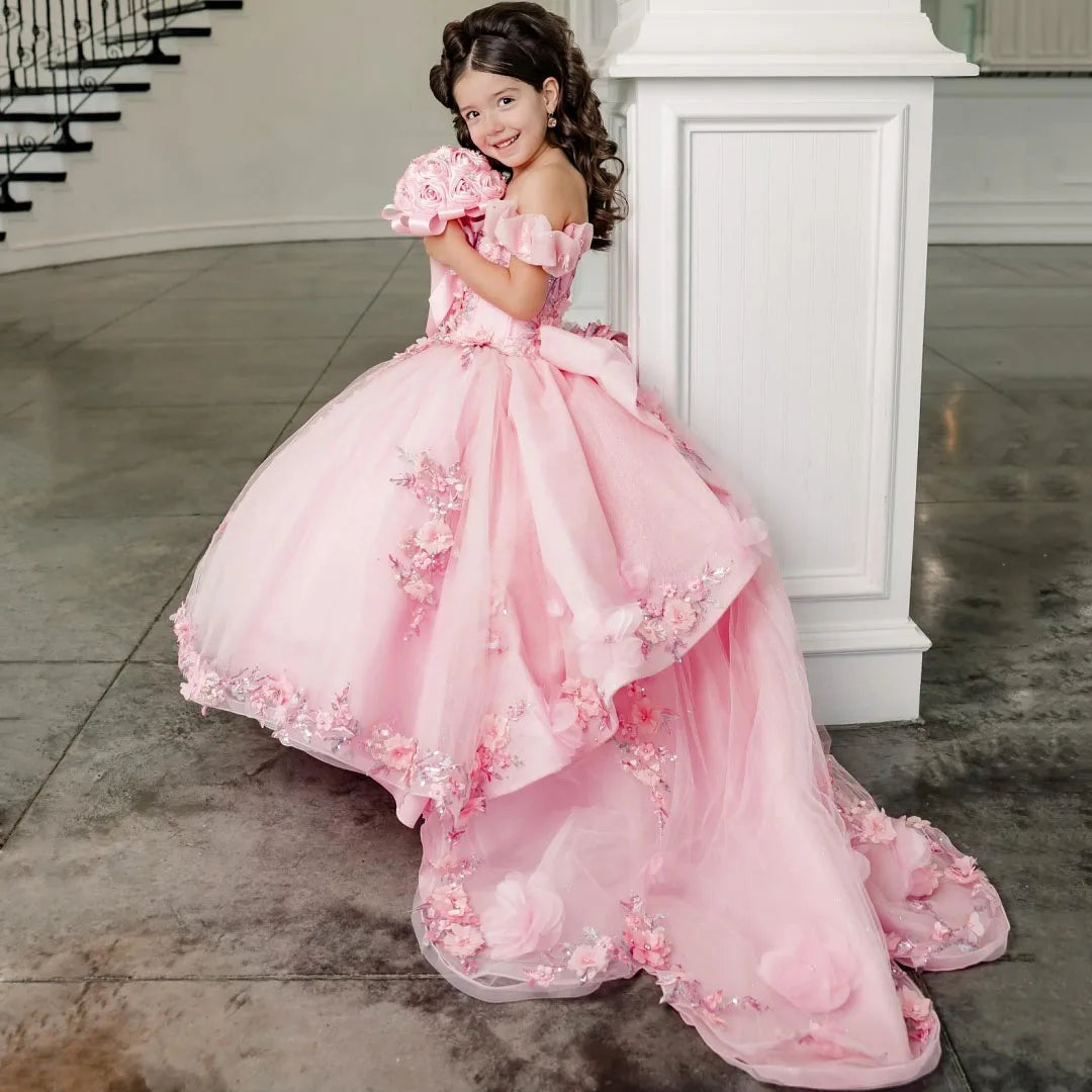Tulle Floral Appliques Pageant Dress for Girls with Trailing