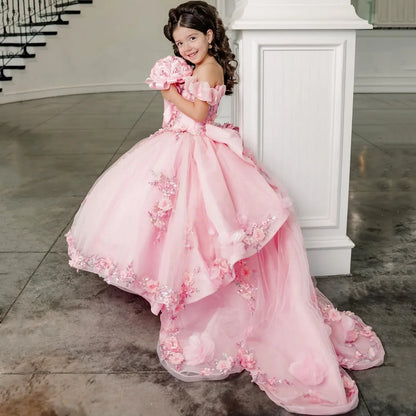 Tulle Floral Appliques Pageant Dress for Girls with Trailing