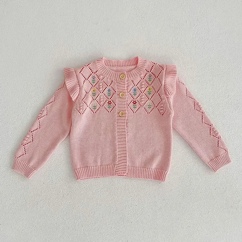 Solid Color Long Sleeve Infant Girls Knitted Cardigans childrensterritory