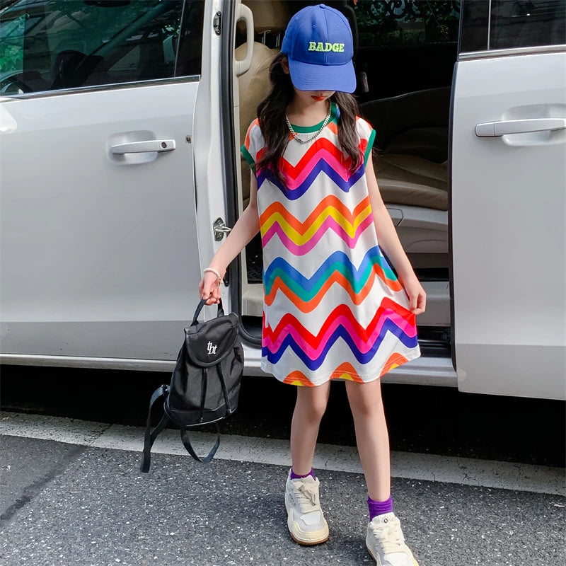 Girls Striped Pattern Party Dress for Summer