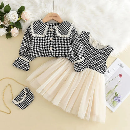 Kids Girls Retro Style Plaid Winter Party Dresses 2pcs Set