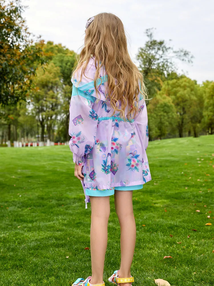 Kids Girls Hooded Trench Coat Printed With Pleated Cuffs childrensterritory