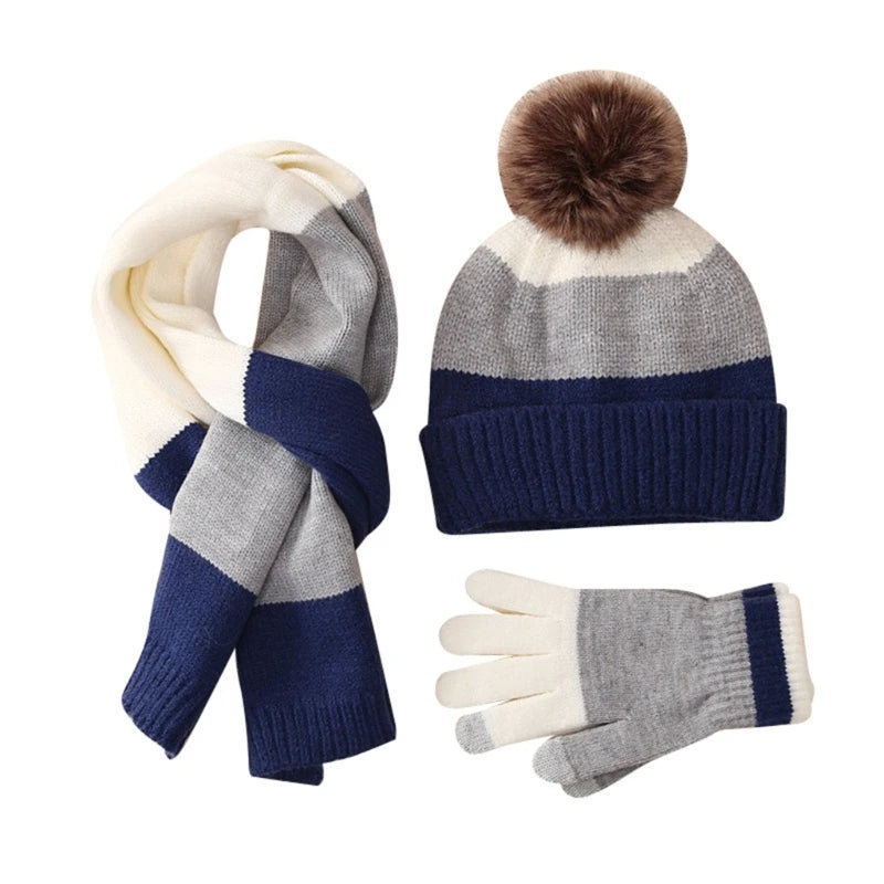 Little Boys and Girls Knitted Warm Plush Hat Scarf Gloves Set