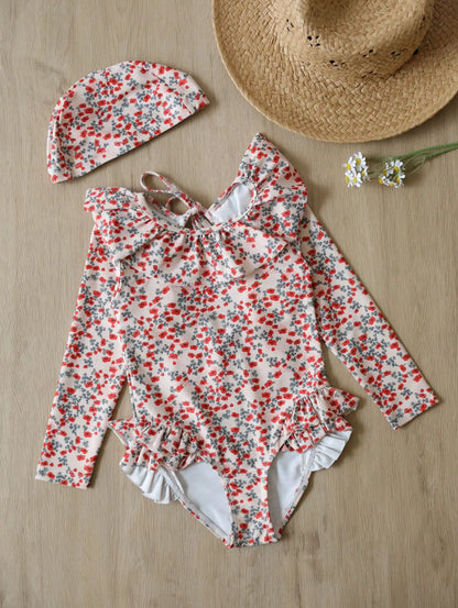 O-Neck and Long Sleeve Kid Girl Floral Bodysuit Swimwear