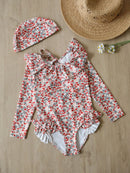 O-Neck and Long Sleeve Kid Girl Floral Bodysuit Swimwear