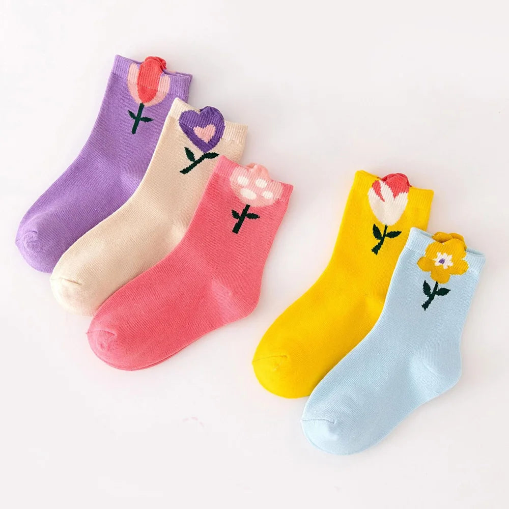 Cute Flower Cartoon Pattern 5 Pairs of Socks For Girls childrensterritory