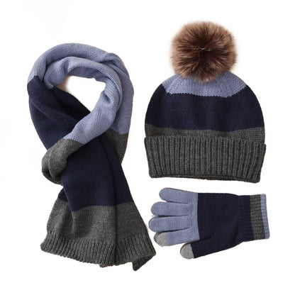 Little Boys and Girls Knitted Warm Plush Hat Scarf Gloves Set