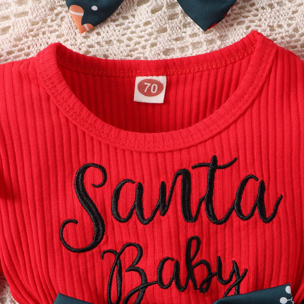 Long-Sleeve Bow Design Christmas Outfit For Baby Girls