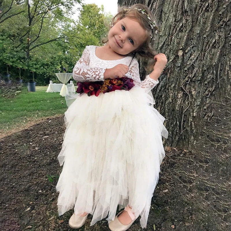 Kids Girls Lace Flower Design Layered Birthday Party Dress