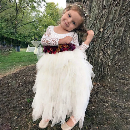 Kids Girls Lace Flower Design Layered Birthday Party Dress