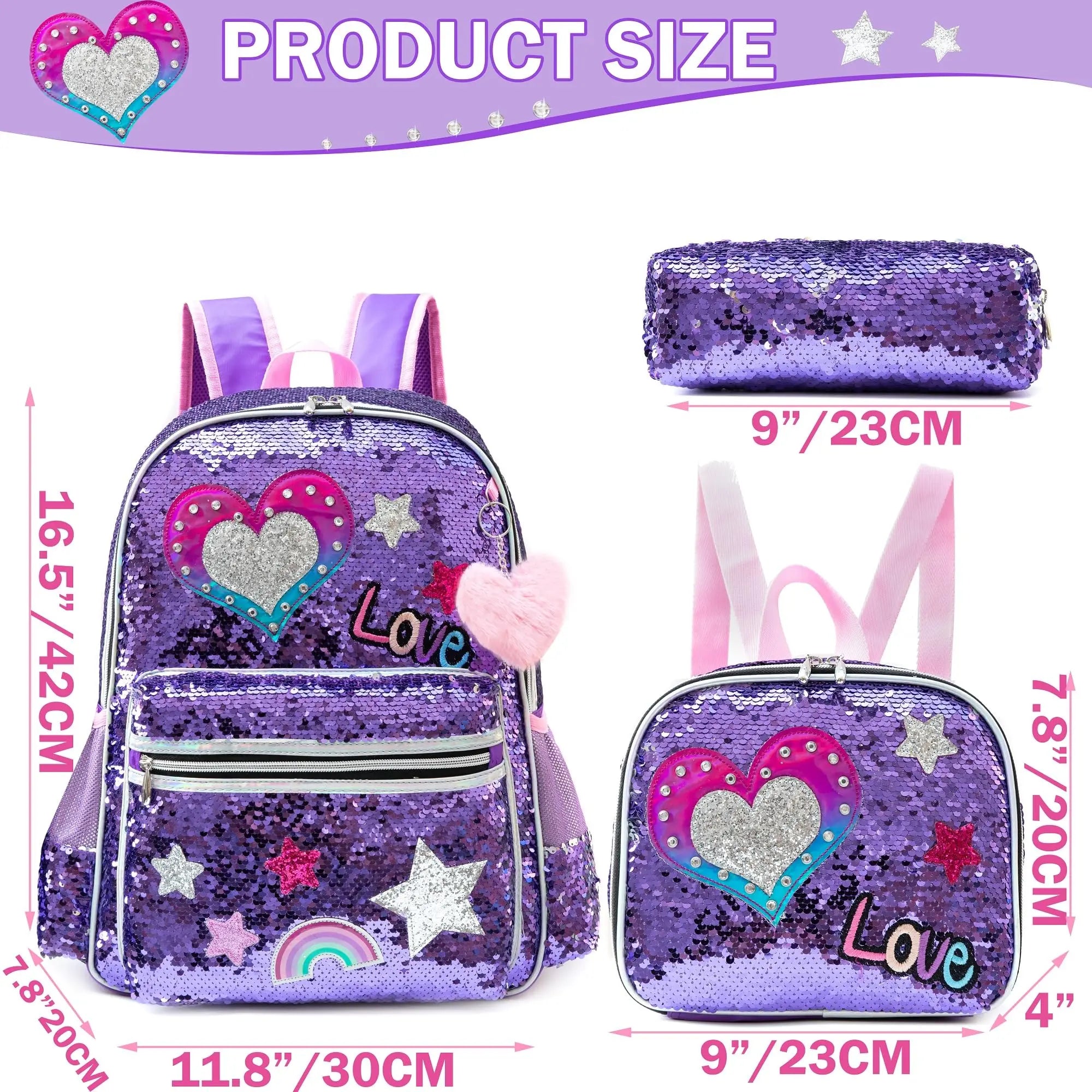 Kids Sequin Backpack with Lunch Box Pencil Case for Girls