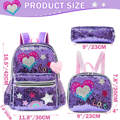 Kids Sequin Backpack with Lunch Box Pencil Case for Girls
