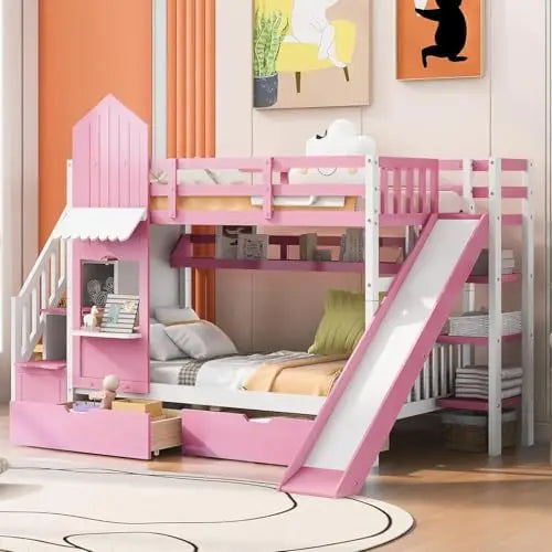 Full-Over-Full Castle Bunk Bed with Slide, Shelves, and Drawers
