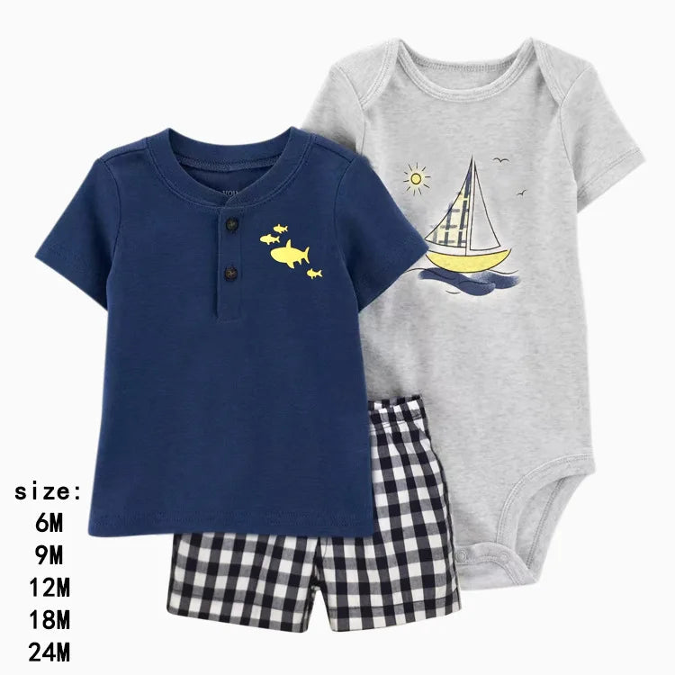 Baby Boys Cotton 3-Piece Short Bodysuit Set for Summer