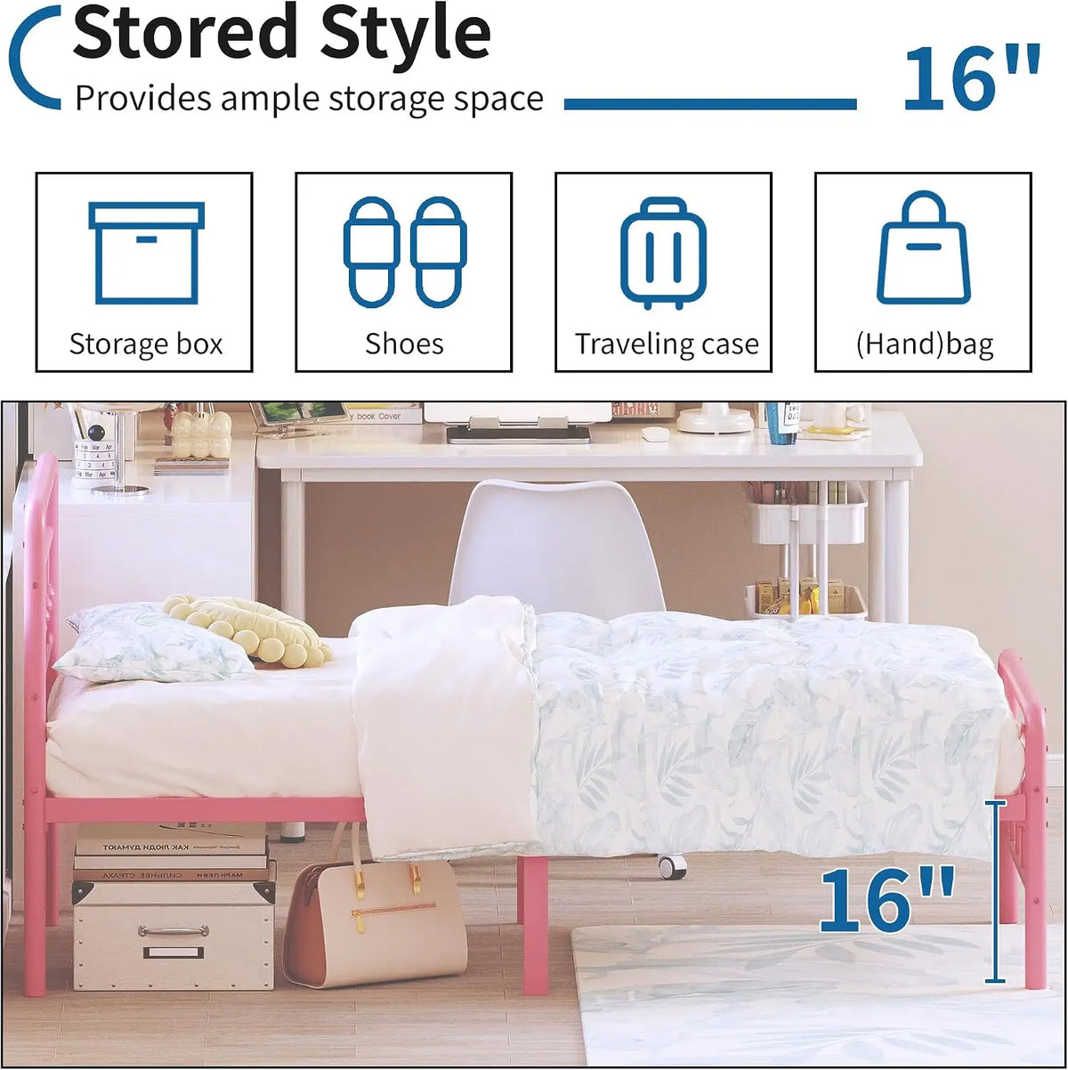 Twin Size Pink Metal Bed Frame with Headboard