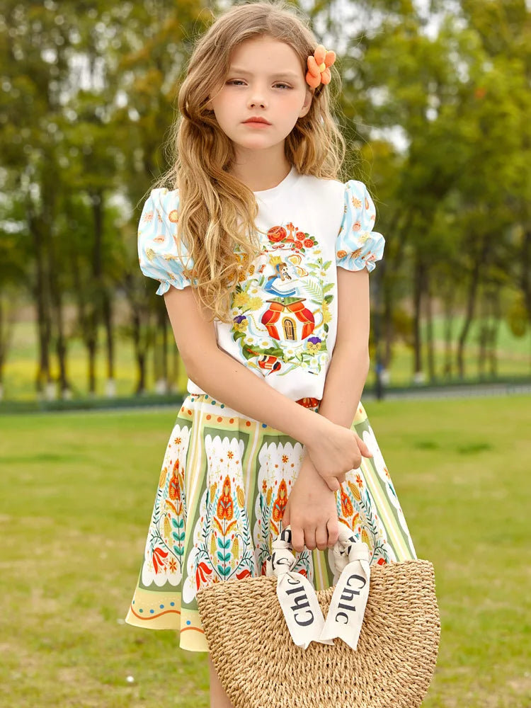Kids Girls Cartoon Printed Top with Skirt Summer Set childrensterritory