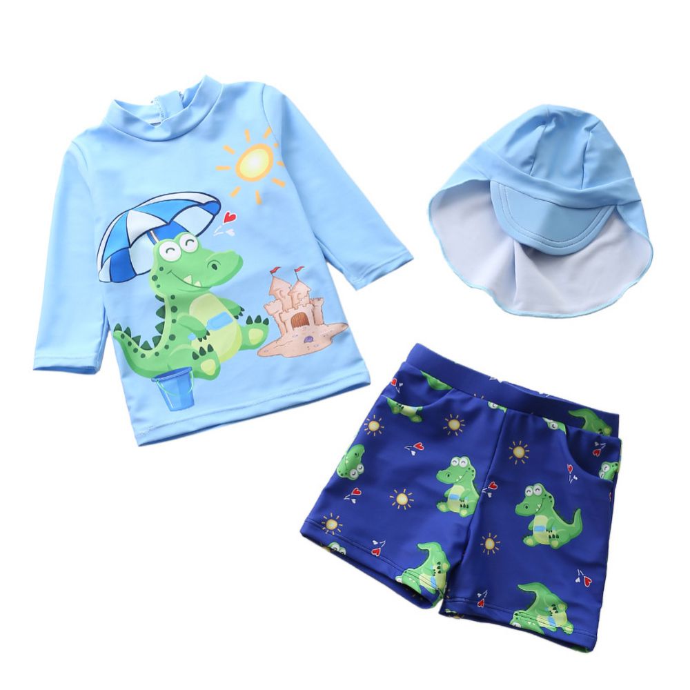 Kids Boys Cartoon Print 3pcs Surfing Beachwear With Cap childrensterritory