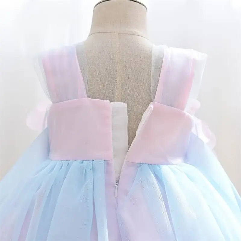 Girl Mesh Puffed Flower Design Light Color Birthday Dress