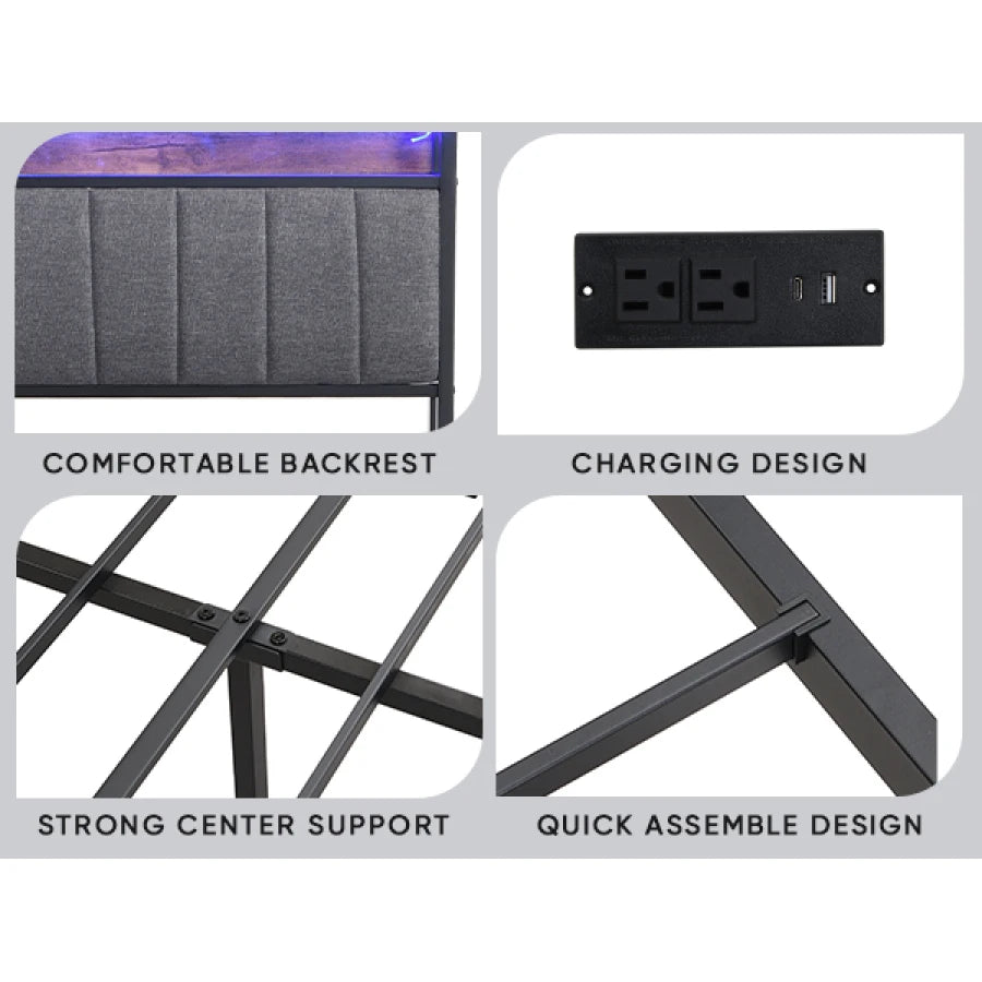 LED Upholstered Bed Frame with Charging Station and Drawers childrensterritory
