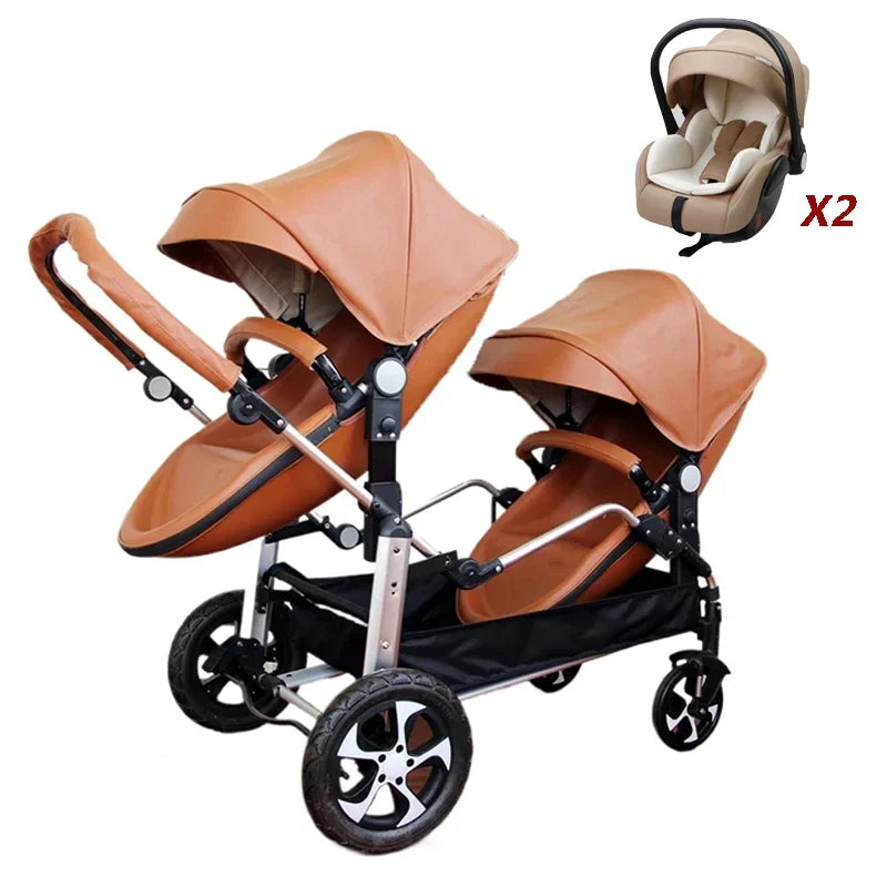 2 in-1 PU Leather Waterproof Twins Baby Stroller childrensterritory