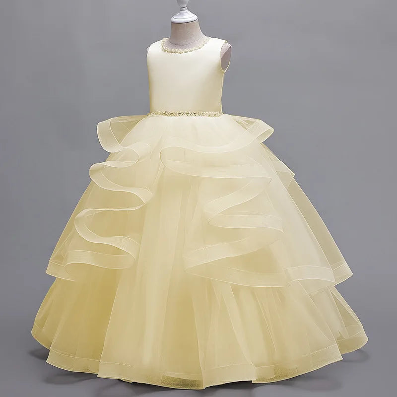 Girls' Solid Color Long Puff Evening Party Dresses