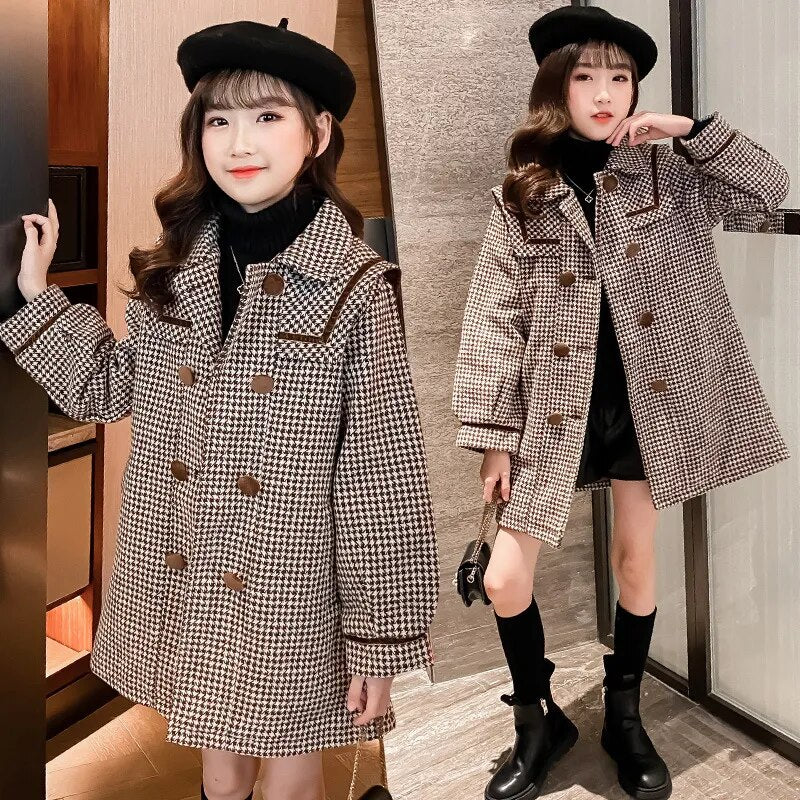 Kids/Teen Girls Warm Wool &amp; Blends Long Plaid Trench Coats childrensterritory