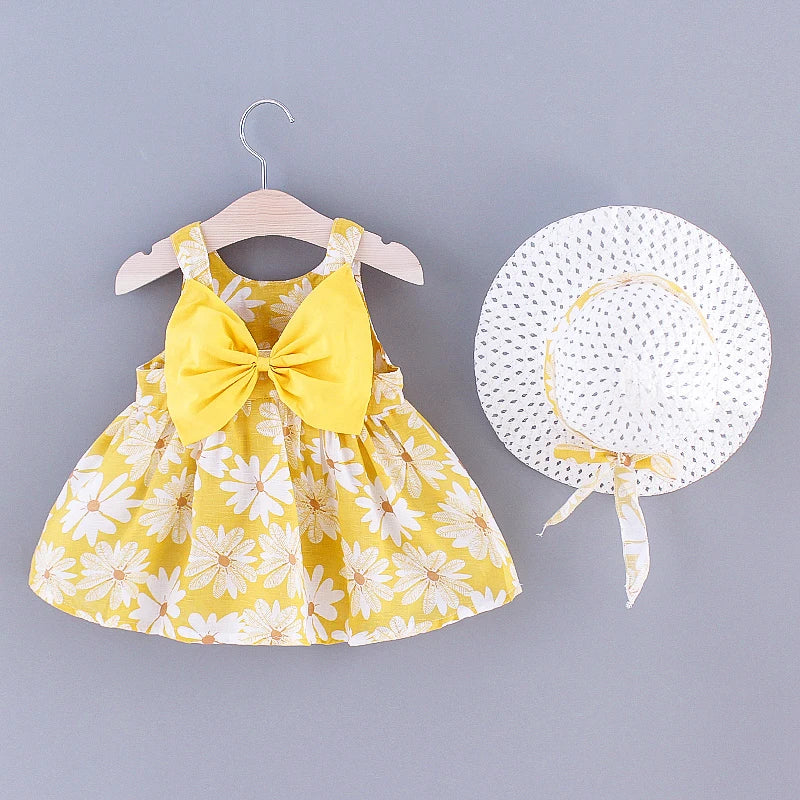 Sleeveless Bow Design Printed Summer Dresses For Girls
