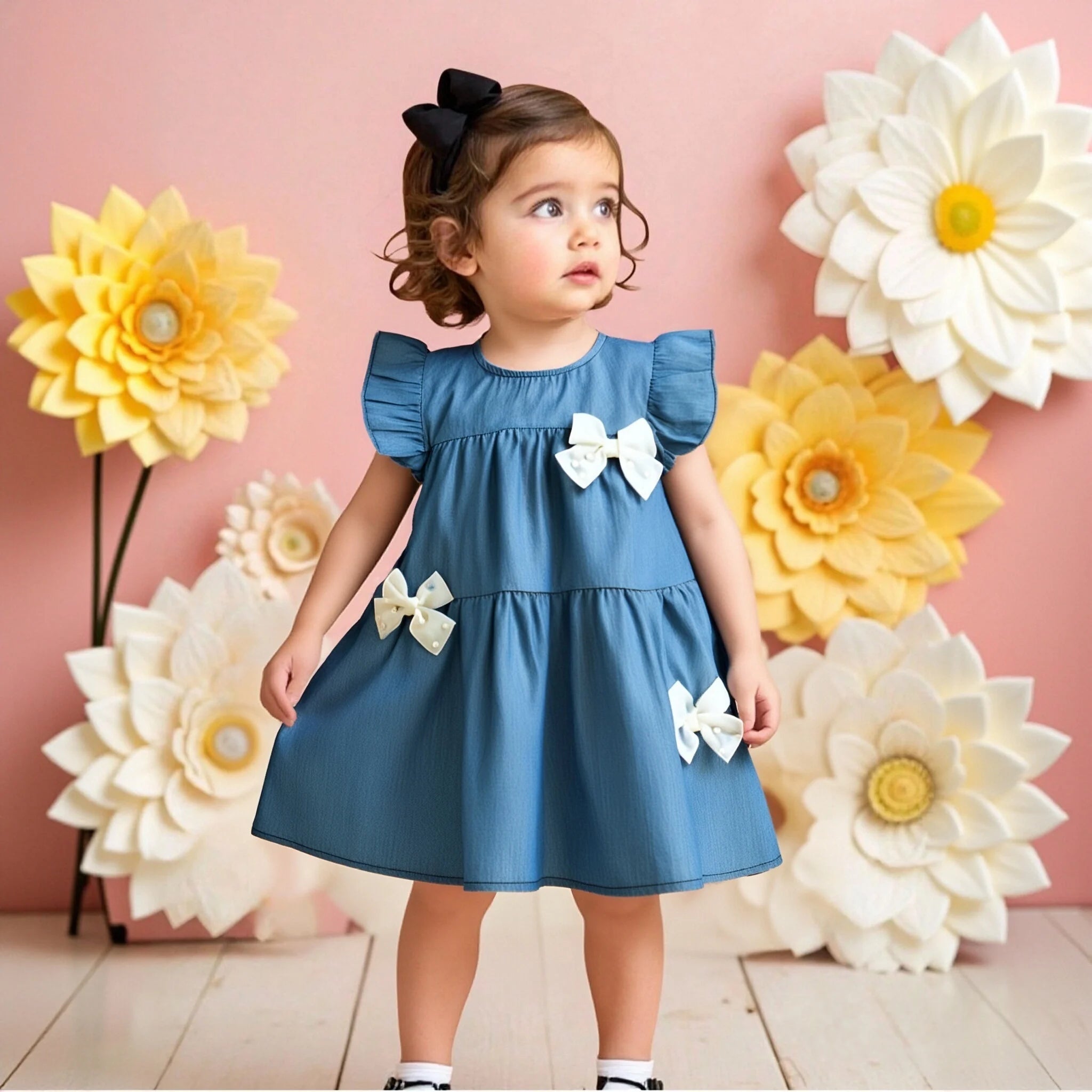 Baby Girl Bow Design Solid Color Cute Summer Dress childrensterritory