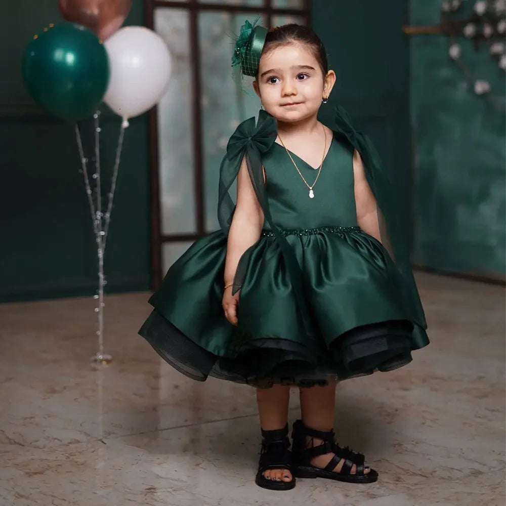 V Neck Flower Girl Tiered Birthday Party Dress with Bow