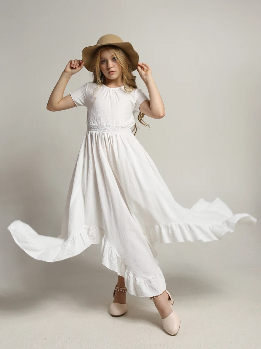 Lace Design Kids Girls Long Cotton Dresses for Summer