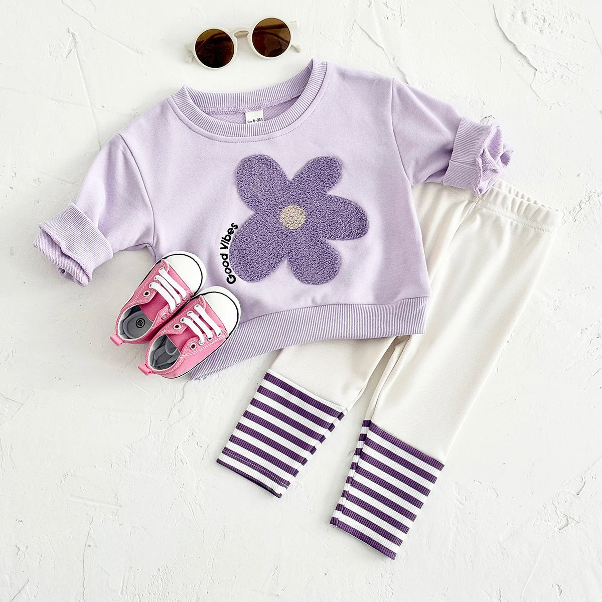 Baby Girls Flower Sweatshirt + Stripe Pants 2Pcs Outfit Set