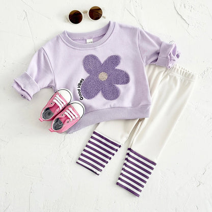 Baby Girls Flower Sweatshirt + Stripe Pants 2Pcs Outfit Set childrensterritory