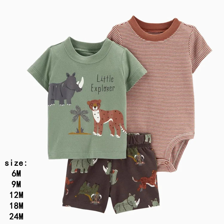 Baby Boys Cotton 3-Piece Short Bodysuit Set for Summer