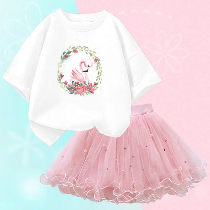 Kids Girls Flamingo T-Shirt &amp; Mesh Skirt Pretty Outfits childrensterritory