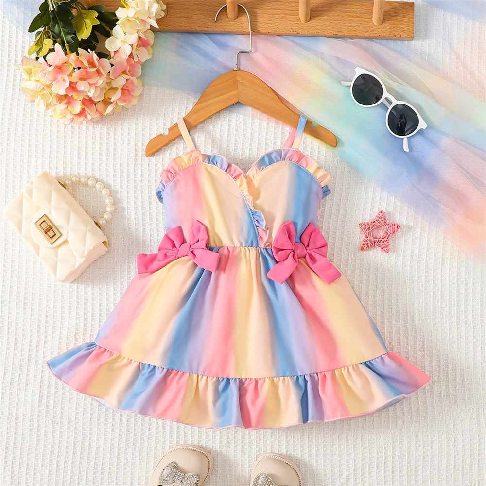Baby Girl Rainbow Color Summer Dress with Bow childrensterritory
